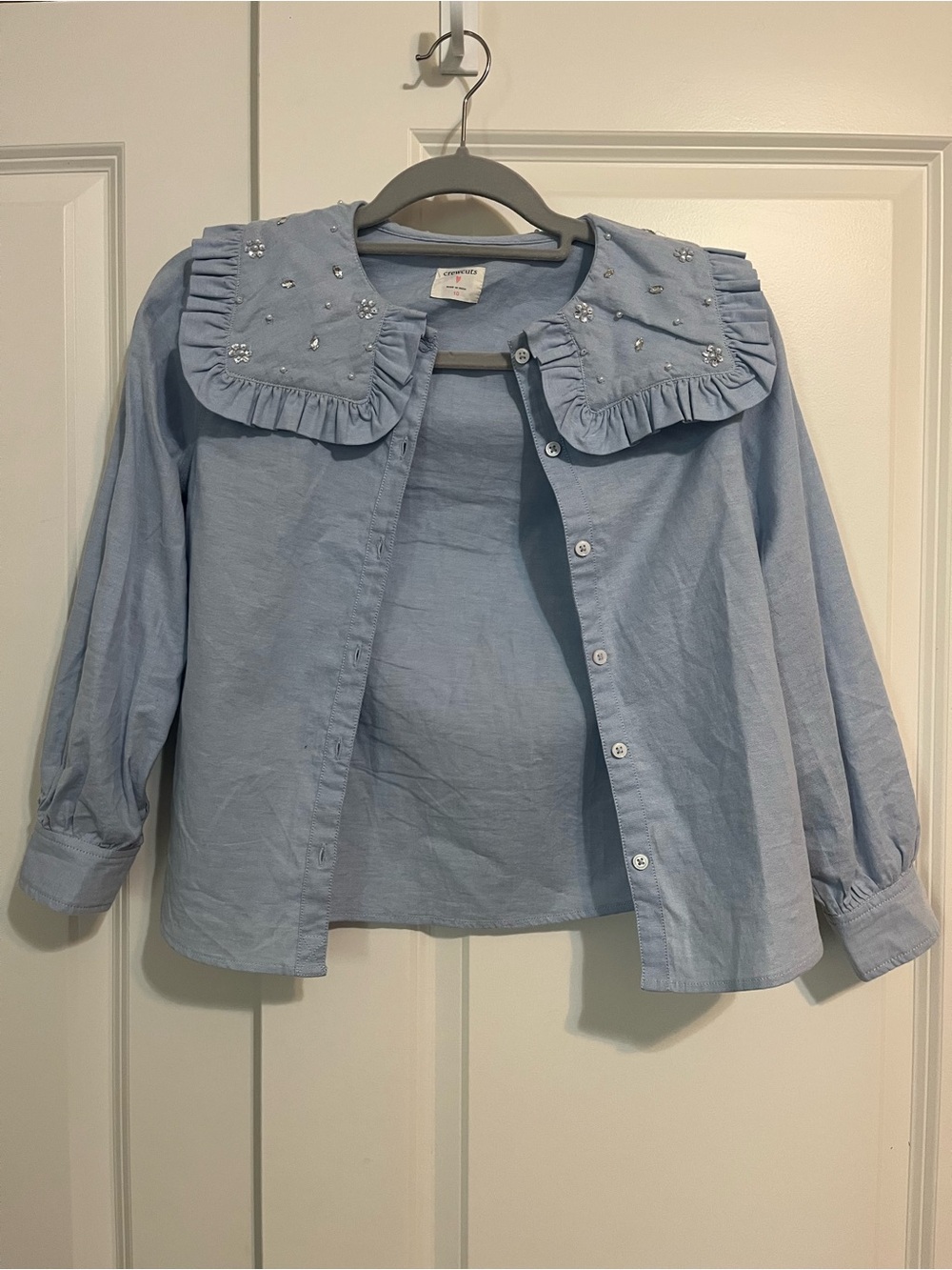 J. Crew Light Blue Embellished Ruffle Collar Button-Down